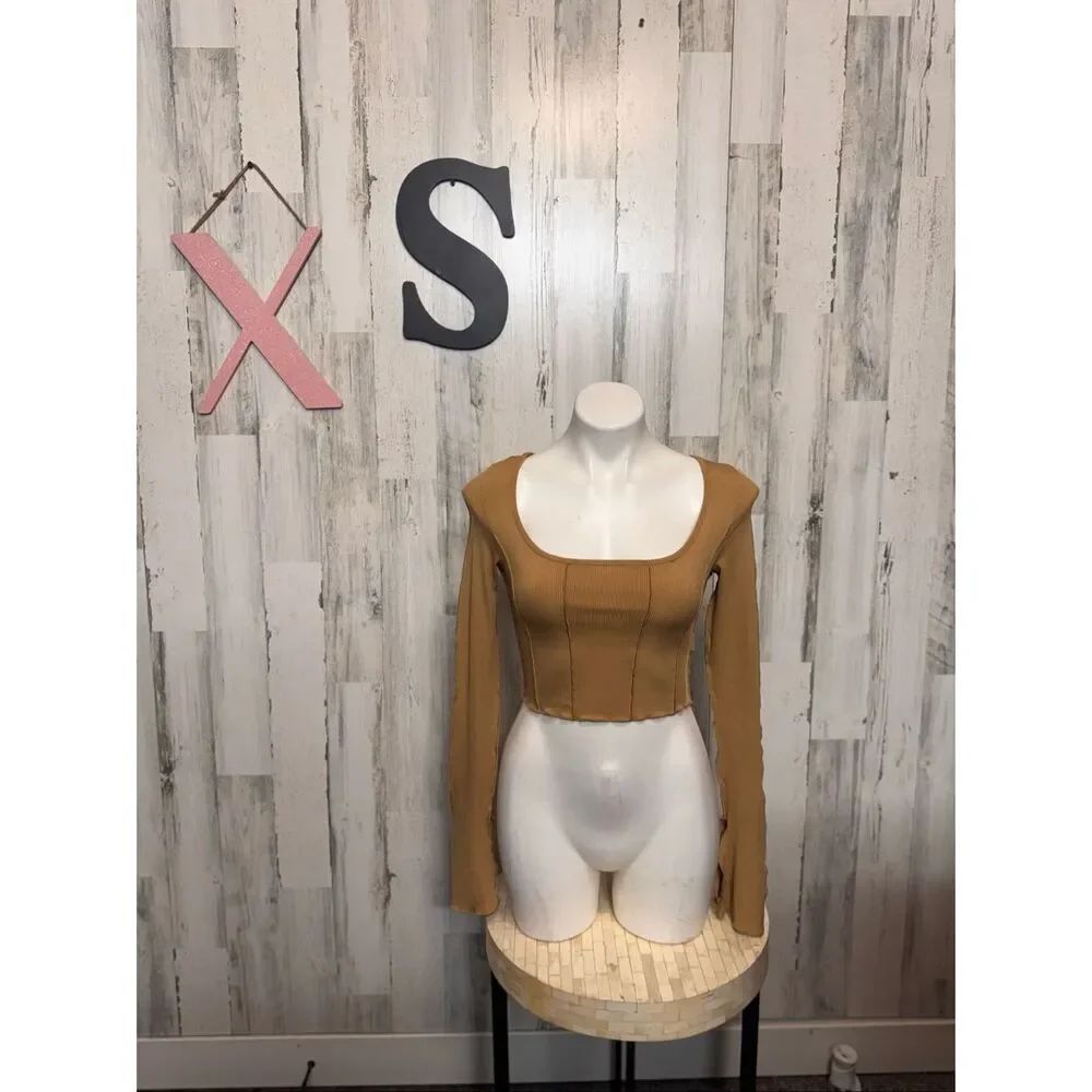 SHEIN Camel Tan Ribbed Long Sleeve Crop Top Womens Size XS Open Tie Back Corset